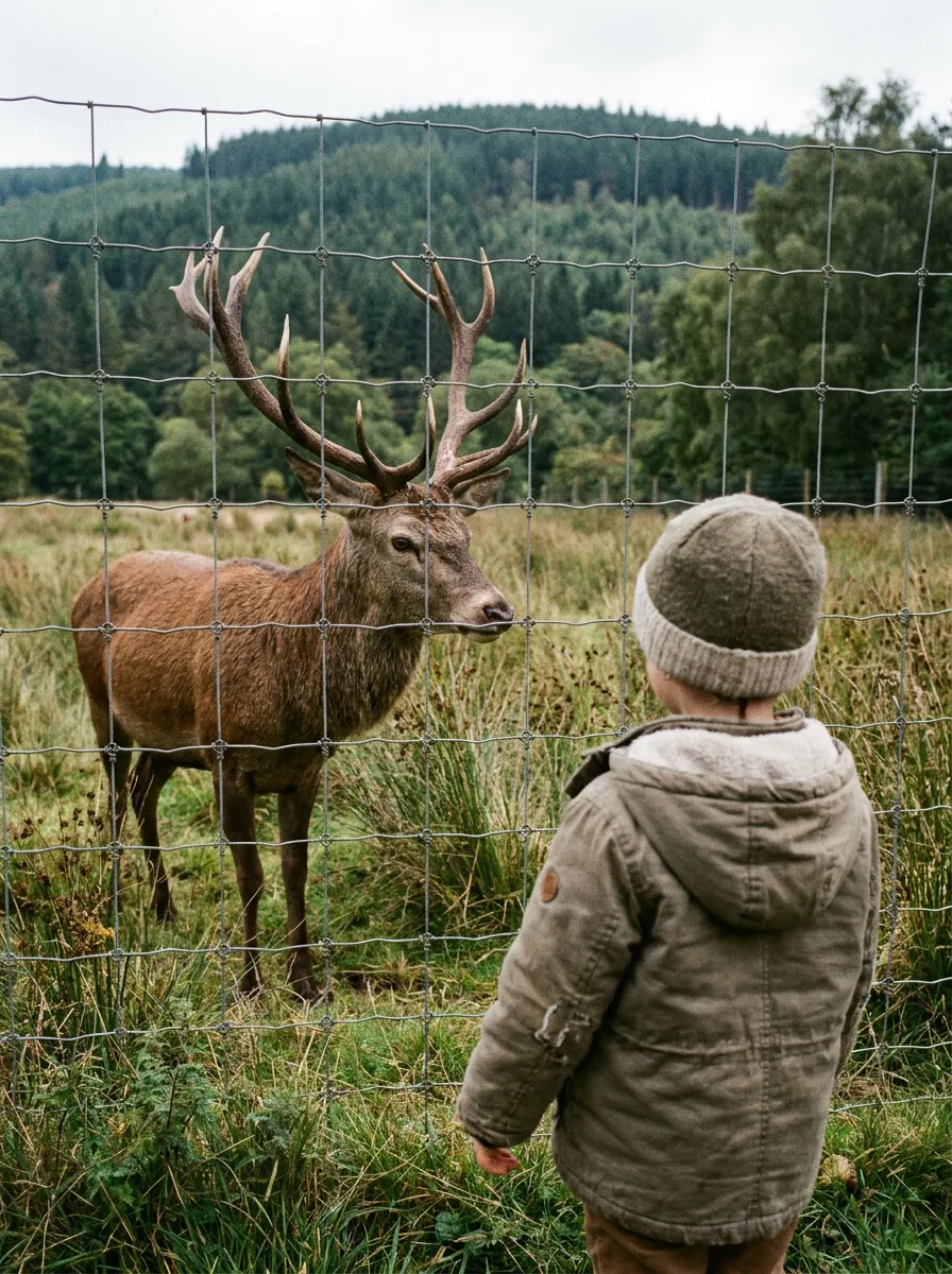 Ein Kind beobachtet einen Rothirsch am Gehege