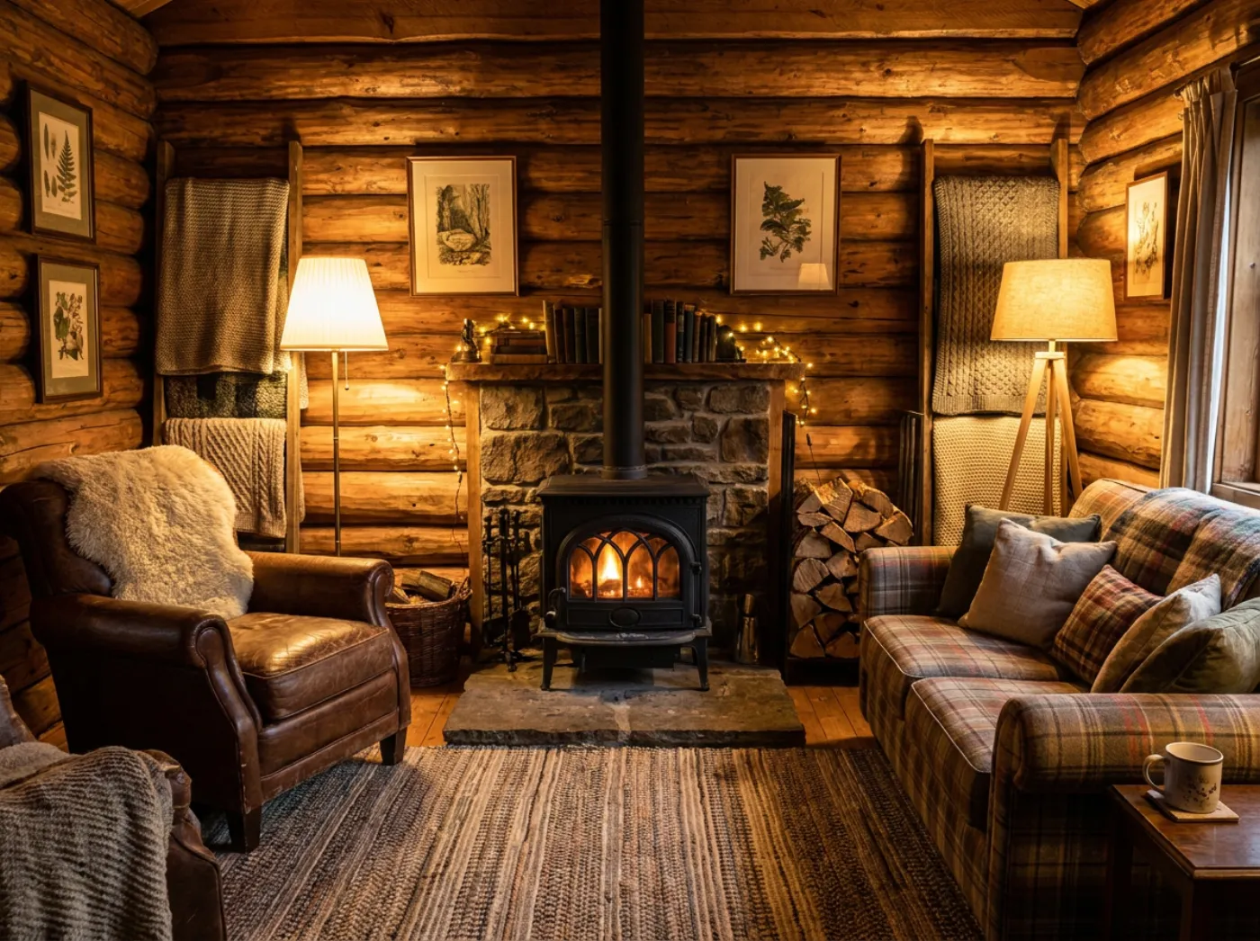 Wohnbereich mit Holzofen in einem Blockhaus