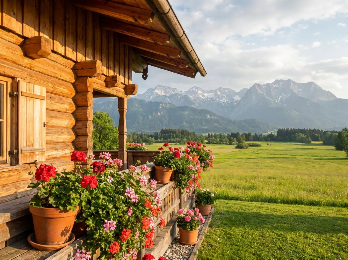 Eines der drei Holzblockhäuser mit Terrasse