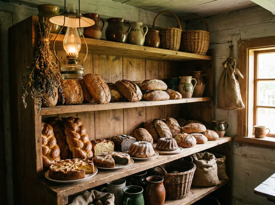 Regal mit frischem Brot und Backwaren im Hofladen