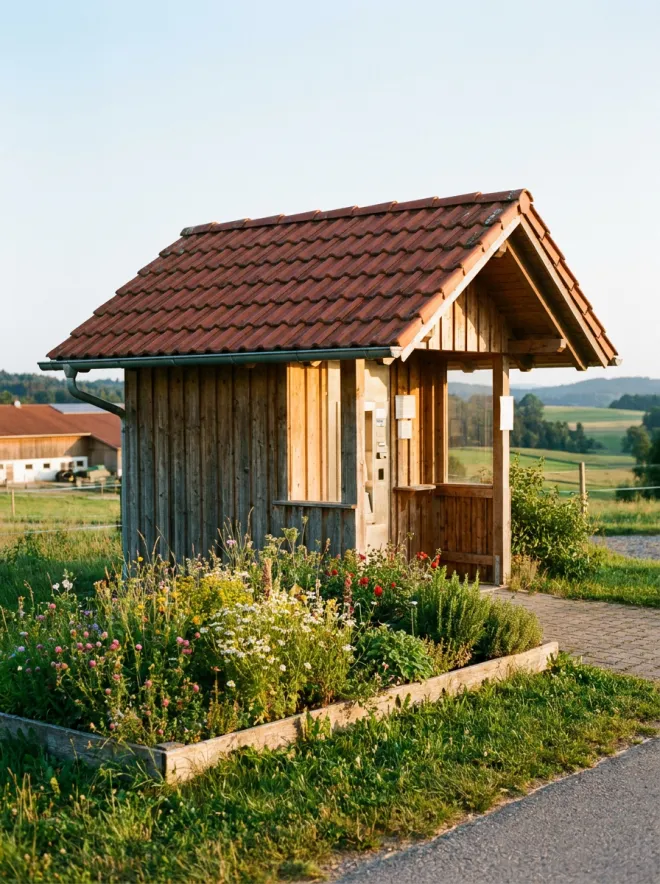 Die Milchhäusle-Hütte mit rotem Dach auf dem Hof