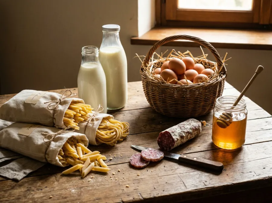 Hofprodukte: Milch, Eier, Nudeln und Wildsalami